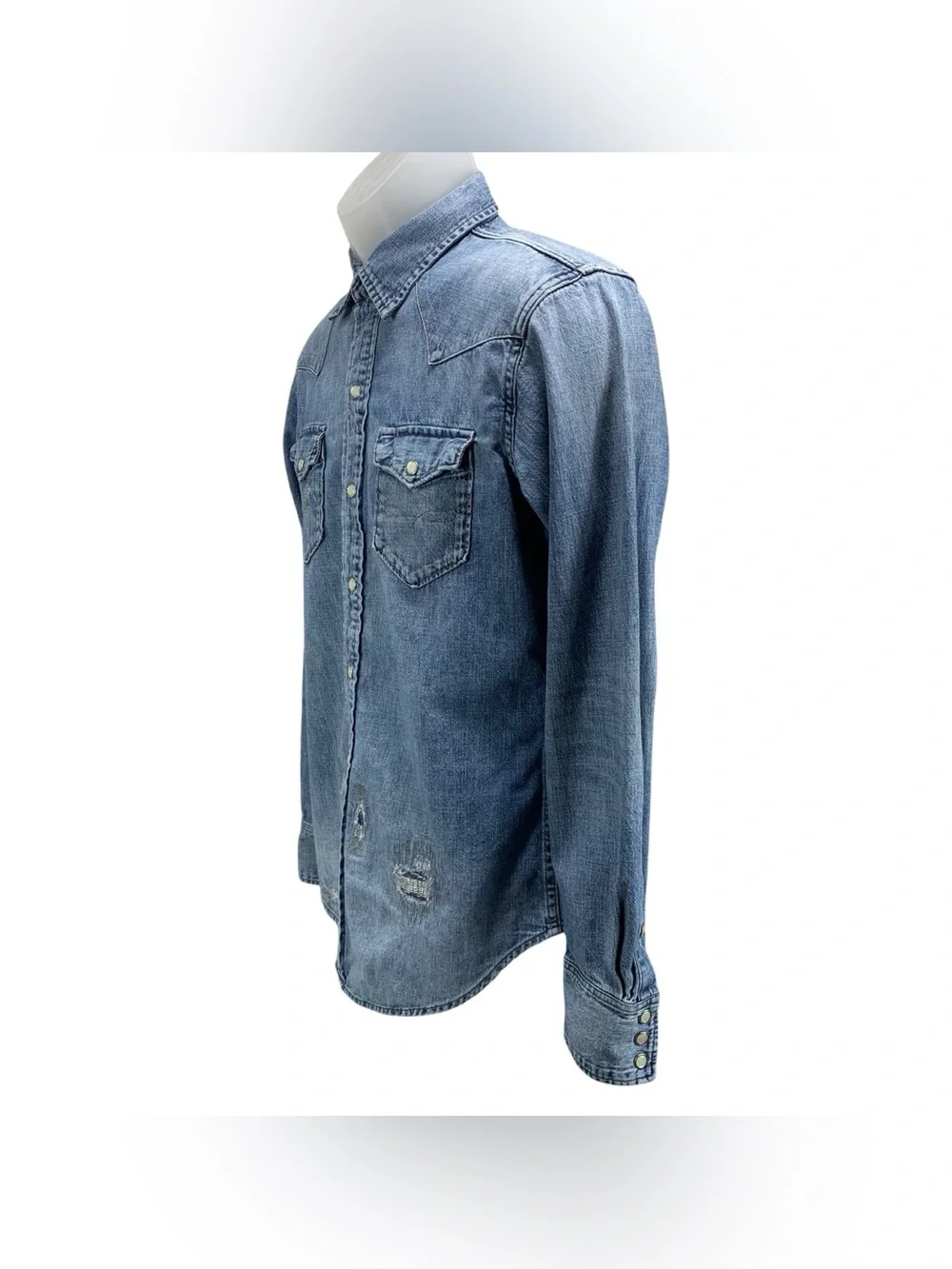 Polo Ralph Lauren Men Small Denim Western Pearl Snap Button Shirt‎ Distressed